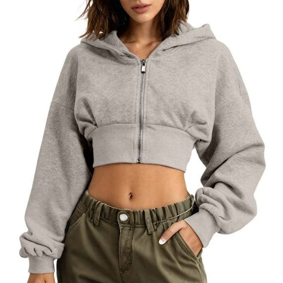 SGMVNU Women's Hoodies Casual Zip up Hoodies Cropped Cardigan Jacket Drawstring Hooded Sweatshirts Casual Long Sleeve Top Winter Clothes 2025(Khaki, Size M)