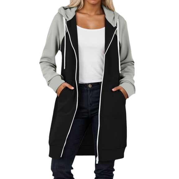 SGMVNU Women's Long Hoodie Jacket Color Block Zip up Trendy Casual Mid Length Hooded Long Sleeved Sweatshirt with Pockets(Black, Size XL)