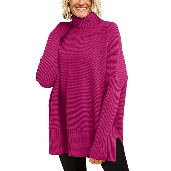 SGMVNU Women's Oversized Turtleneck Sweaters Fall Long Sleeve Ribbed Tunic Sweater Pullover Knit Tops Hot Pink, Size XL