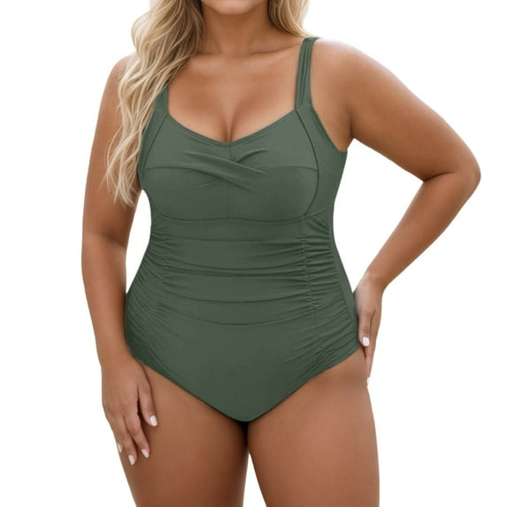 SGMVNU Women's Plus Size 1 Piece Swimsuits Tummy Control Bathing Suits Twist Front Ruched Wrap Swimwear Monokinis (Army Green, Size XL)