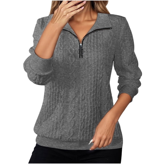 SGMVNU Women's Quilted Sweatshirts Zipper Neck Long Sleeve Textured Solid Casual Loose Fashion Fall Pullover Tops(Grey,L)