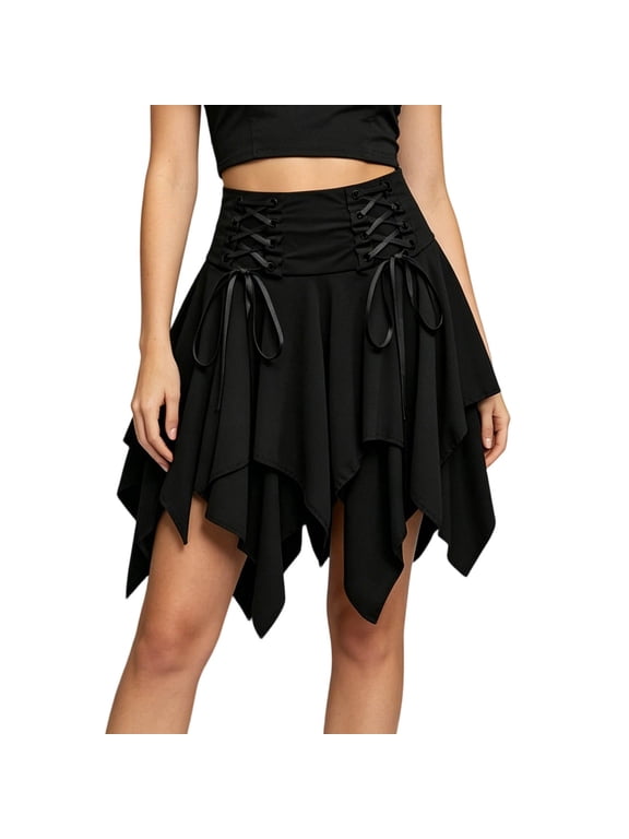 Women's Retro Gothic Skirt Lace Up High Waist Ruffle Flowy Asymmetrical Hem Mini Skirts Halloween Party Skirt, Black, Size: L