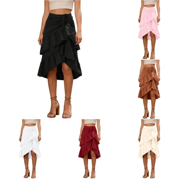SGMVNU Women's Ruffle Wrap Midi Skirts Western Cowgirl Skirts Flowy Drawstring High Low Asymmetrical Hem Skirts, Black, Size: XL