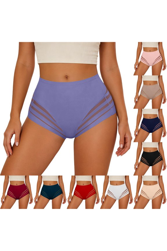 Women's Seamless Mesh Underwear Panties High Waisted Soft Comfort Breathable Cotton Gusset Triangle Underwear, Purple, Size L