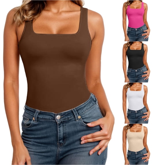 SGMVNU Women's Square Neck Tank Tops Camisole Tops Slim Fit Seamless Compression Tanks Top for Summer Layering Wear, Coffee, Size 3XL