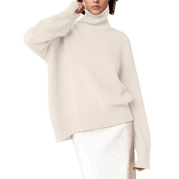 SGMVNU Women's Turtleneck Sweater Long Sleeve Knitted Pullover High Low Hem Trendy 2025 Fall Winter Basic Jumper Top Beige, Size S