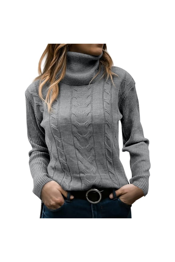 Women's Turtleneck Sweaters Cable Knit Fall Long Sleeve Casual Slim Fit Pullover Tops Basic Knit Shirts Grey, Size S