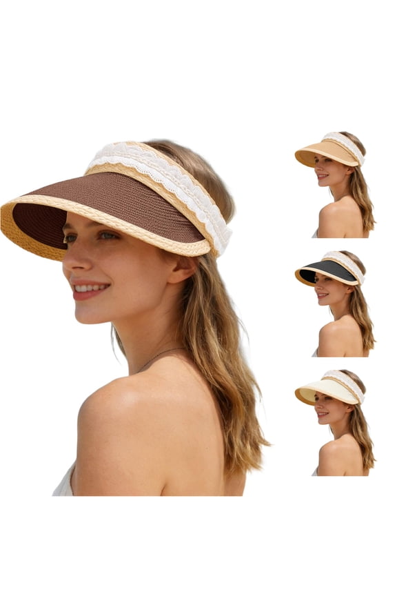 Women's Wide Brim Straw Sun Hats Visor with Adjustable Buckle, Lace Ponytail Beach Hat, for Summer Travel, One Size, Coffee