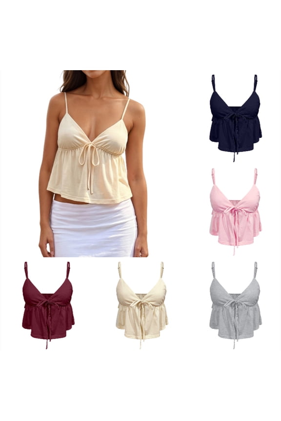 Women's Y2K Cami Top Sleeveless V Neck Tie Front Crop Top Ruffle Hem Peplum Tank Shirt Going Out Camisole Size: L Yellow