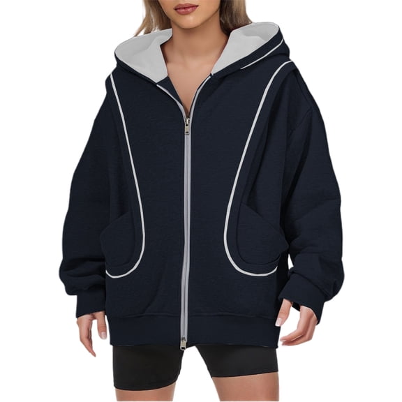 SGMVNU Women's Zip up Oversized Hoodies Drawstring Hood Fall Jacket Casual Baggy Streetwear Sweatshirts with Pockets(Blue, L)
