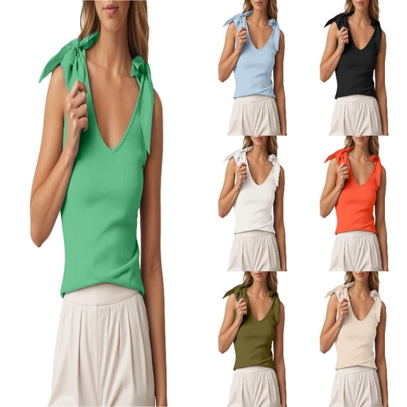 SGMVNU Womens Bow Tie Tank Tops V Neck Sleeveless Tanks Knit Going Out Tops Shoulder Strap Camisole Top Trendy Size: L GN2