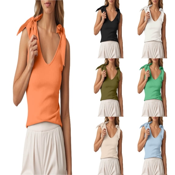 SGMVNU Womens Bow Tie Tank Tops V Neck Sleeveless Tanks Knit Going Out Tops Shoulder Strap Camisole Top Trendy Size: L Orange