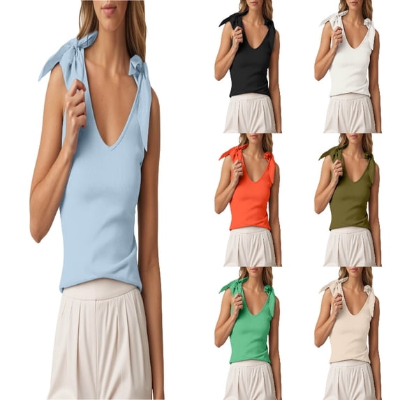 SGMVNU Womens Bow Tie Tank Tops V Neck Sleeveless Tanks Knit Going Out Tops Shoulder Strap Camisole Top Trendy Size: M Blue