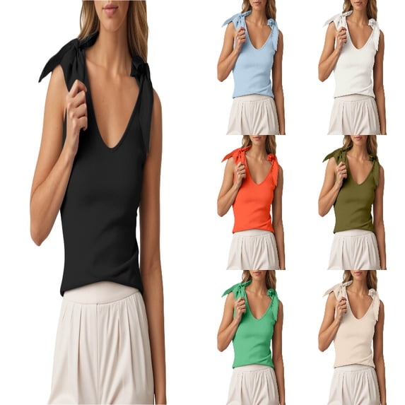 SGMVNU Womens Bow Tie Tank Tops V Neck Sleeveless Tanks Knit Going Out Tops Shoulder Strap Camisole Top Trendy Size: S Black