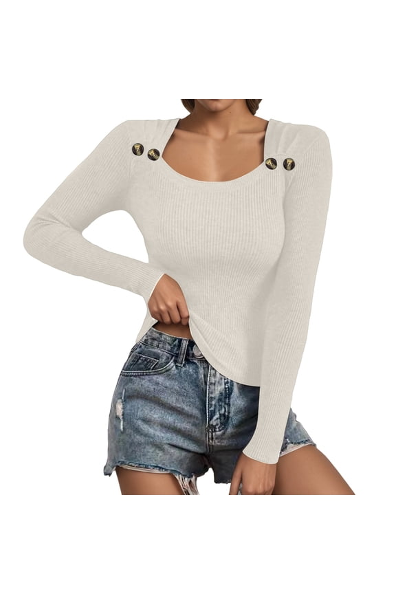 Women's Button Square Neck Ribbed Knit Sweaters Soft Lightweight Basic Sweater Long Sleeve Pullover Top 2025 Fall Tops Beige S