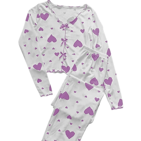SGMVNU Womens Heart Print Long Sleeve Pajama Sets 2 Piece Pjs Crop Top Outfit Lounge Matching Pants Set Sleepwear(Size M, Purple)