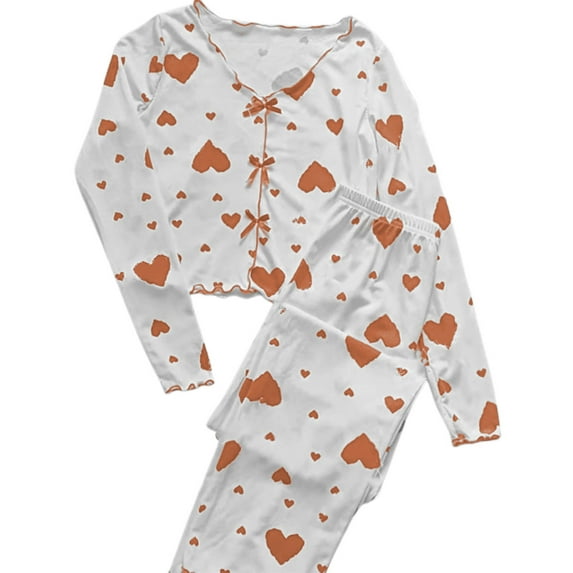 SGMVNU Womens Heart Print Long Sleeve Pajama Sets 2 Piece Pjs Crop Top Outfit Lounge Matching Pants Set Sleepwear(Size S, Orange)