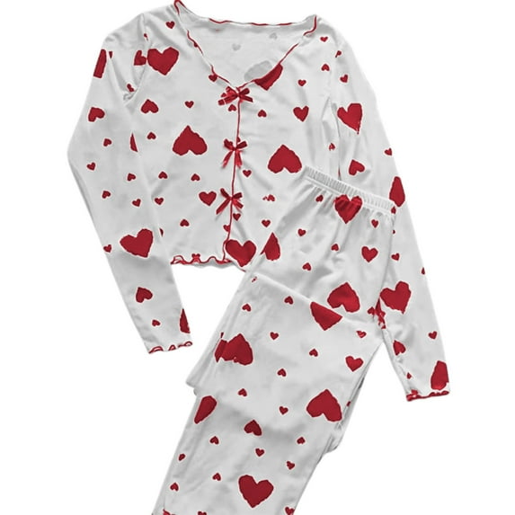 SGMVNU Womens Heart Print Long Sleeve Pajama Sets 2 Piece Pjs Crop Top Outfit Lounge Matching Pants Set Sleepwear(Size S, Red)
