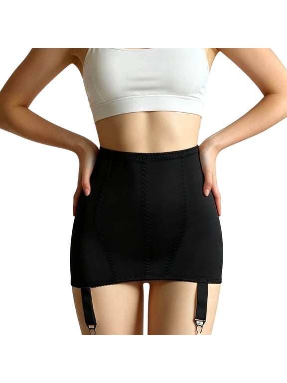 Womens High Waisted Retro Skirt with 4 Adjustable Straps Metal Buckle Garter Belt Girdle Shapewear Underwear, Black, L