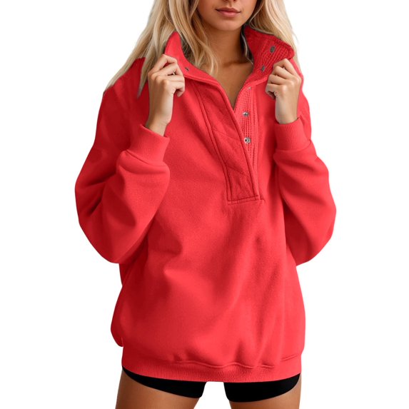SGMVNU Womens Oversized Sweatshirt Casual Long Sleeve Lightweight Sweatshirts Button Loose Pullover Tops Fall Clothes(Watermelon Red, L)