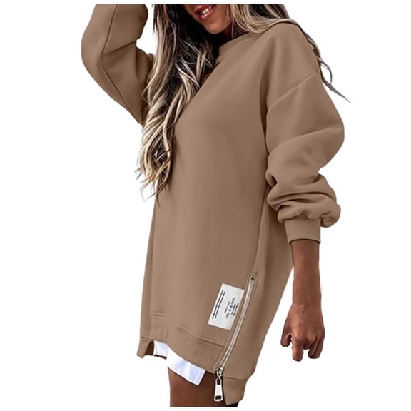 SGMVNU Womens Oversized Sweatshirt Long Sleeve Zipper Slit Sweatshirt 2025 Casual Pullover Zipper Hoodies Fall Clothes(Brown,S)