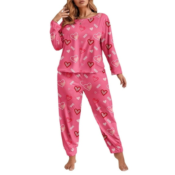 SGMVNU Womens Pajama Sets Cotton Soft Sleepwear Long Sleeve Heart Printed Pullover Top with Pants Winter Lounge Set, Pink, XL