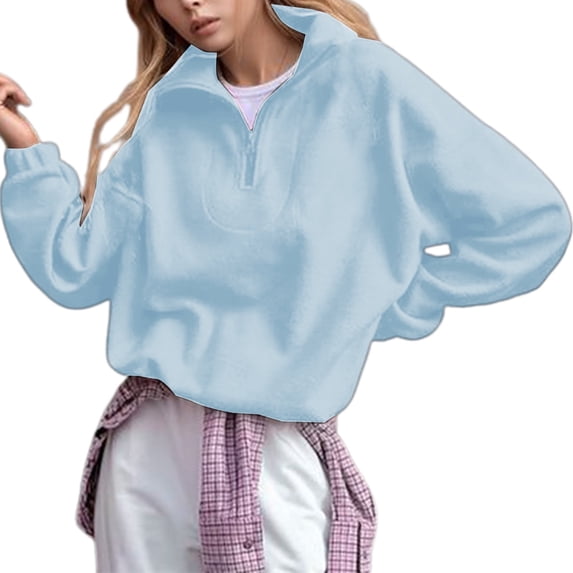 SGMVNU Womens Quarter Zip Sweatshirt Soft Oversized Casual Loose Baggy Sweatshirts Streetwear Fall Winter Pullover Tops(Blue, L)