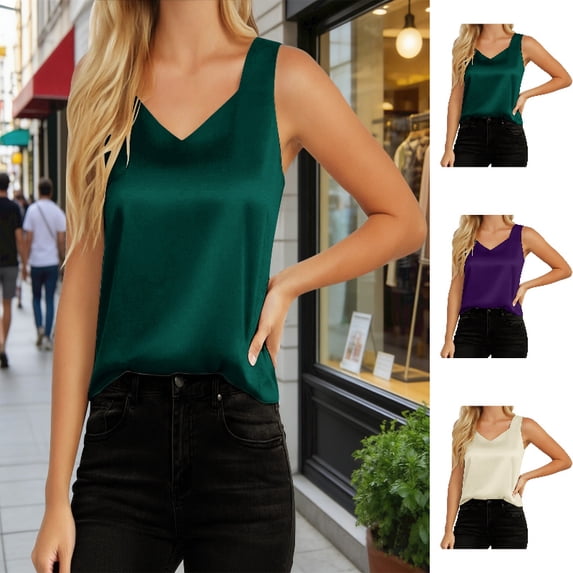 SGMVNU Womens Silk Satin Tank Tops V Neck Casual Cami Sleeveless Camisole Blouses Summer Basic Tank Shirt Size: M Dark Green