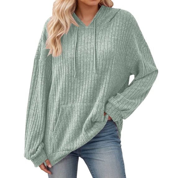 SGMVNU Womens Soft Ribbed Knit Hoodie Sweaters Long Sleeve Pullover Shirts Lightweight Cozy Fall Tops Sweatshirt with Pocket(Green, L)