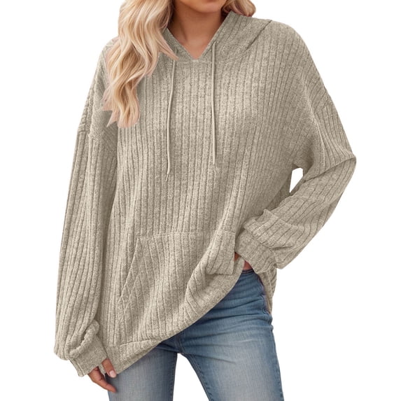 SGMVNU Womens Soft Ribbed Knit Hoodie Sweaters Long Sleeve Pullover Shirts Lightweight Cozy Fall Tops Sweatshirt with Pocket(Khaki, XL)