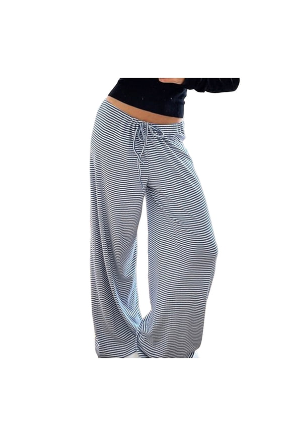 Womens Striped Ribbed Wide Leg Pants Casual Drawstring Elastic Waist Baggy Sweatpants Palazzo Lounge Pants Yoga Trousers Size L Blue-a