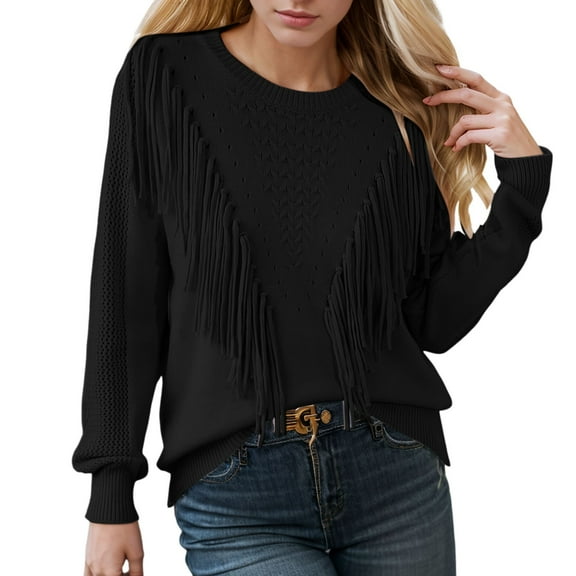 SGMVNU Womens Sweater Tops Casual Crewneck Fringe Tassel Knitted Pullover Sweater Tops Knitwear Fall Winter Clothes Black M