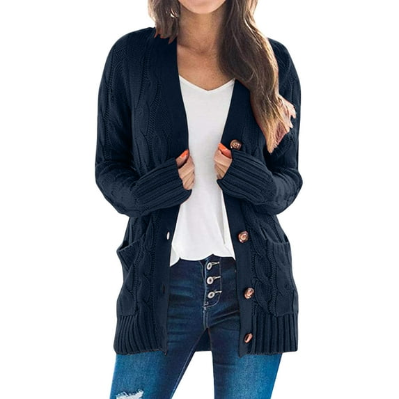 SGMVNU Womens Sweaters And Cardigans Open Sleeve Knit Boho Long Patchwork Coat Cardigan Pockets Front, Trendy Fall Winter Jacket Coats Navy Size L