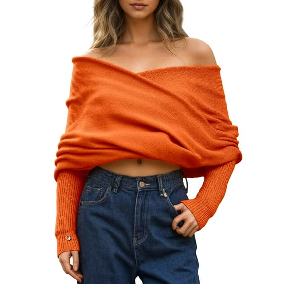 SGMVNU Womens Sweaters Pullover Sweater Neck Multicolor With Off Shoulder Style For All Seasons Soft Knit Pullover Sweater Orange One Size