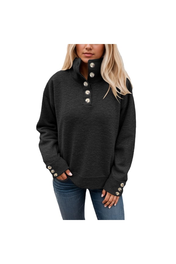 Womens Sweaters Pullover Sweater Soft Knit Comfortable Casual Long Sleeve Crewneck Button Detail Loose Fit Cozy Winter Fall Tops Knitwear Fall Winter Clothes Black XXL
