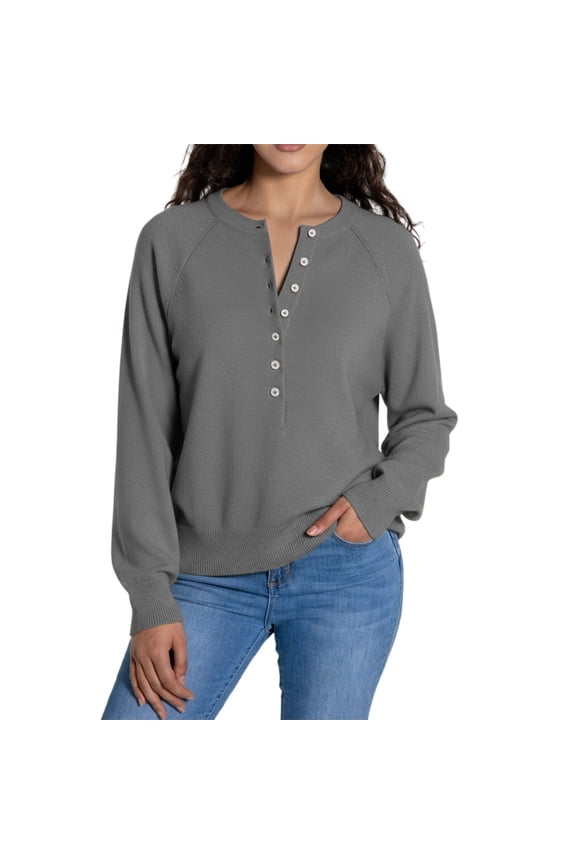Sweaters for Women, Womens V Neck Long Sleeve Sweatshirts Half Button Soft Knit Lightweight Pullover Fashion Fall Clothes Grey M
