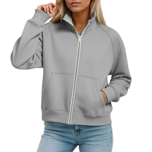SGMVNU Womens Sweatshirts Zip up Hoodies Cropped Crewneck Pullover Casual Jackets with Pockets Fall Clothes Fashion Outfits 2025(Grey, S)