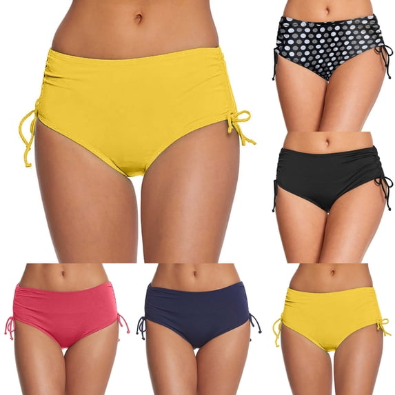 SGMVNU Womens Swim Shorts Stretch Mid Rise Swimming Bottoms Side Drawstring Cute Bikini Swimsuit Bottoms for Summer Beach, Size S, Yellow