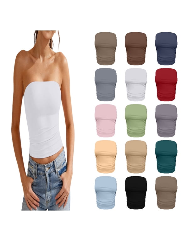 Womens Tube Tops Strapless Crop Tops Basic Backless Sleeveless Going Out 2026 Spring Outfits Summer Clothes Size: L White