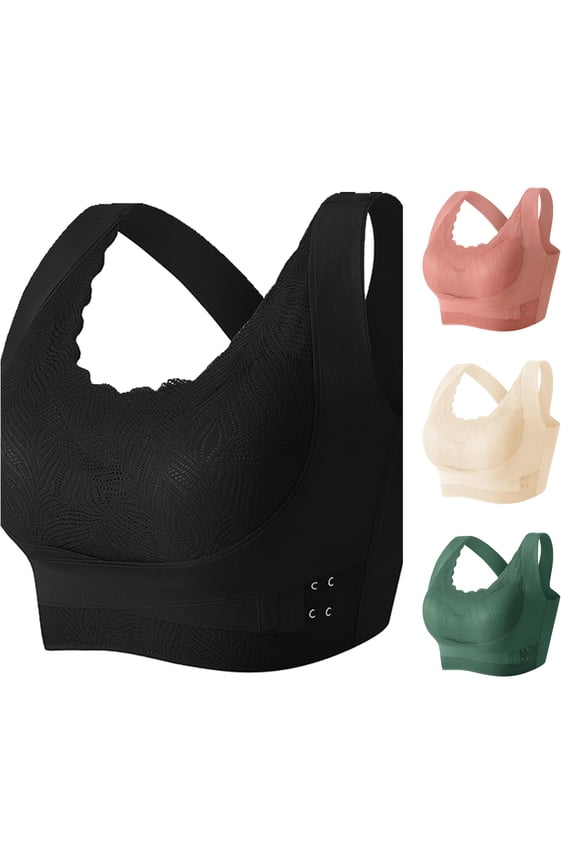 Womens Wireless Floral Lace Bra Front Cross Closrue Push Up Supportive Full Coverage Bralettes Bras, Black, Size 3XL