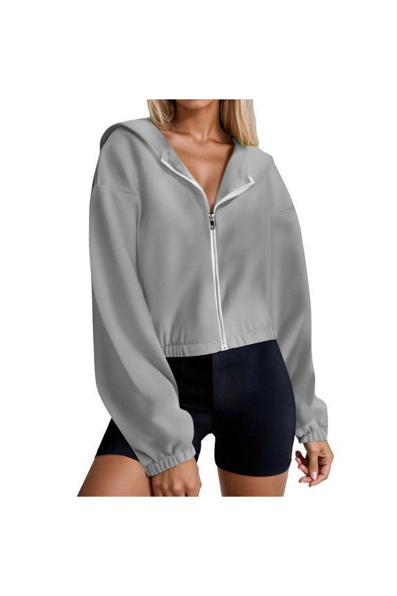 Womens Zip Up Hoodies Oversized Workout Sweatshirts Fall Fashion 2025 Casual Cropped Streetwear Jackets Winter Fall Clothes(Grey,XXL)