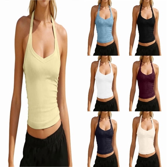 SGMVNU Workout Tops for Women Racerback Basic Tank Summer 2026 Camisole V Neck Slim Fit Ribbed Sleeveless Size: L Yellow