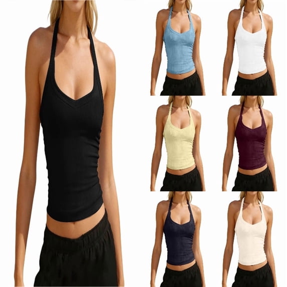 SGMVNU Workout Tops for Women Racerback Basic Tank Summer 2026 Camisole V Neck Slim Fit Ribbed Sleeveless Size: M Black