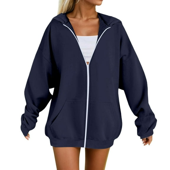 SGMVNU Zip up Hoodies for Women Oversized Sweatshirts Fall Fashion Outfits 2025 Streetwear Teen Girls Clothes with Pockets(Navy, L)