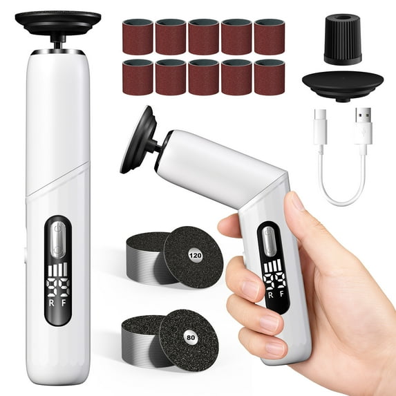 Electric Foot Callus Remover, Foldable Design, Rechargeable Electric Foot File, 2-in-1 Grinding Heads for Large Area Callus Removal and Nail Drill, 0-900RPM Nail Care,White