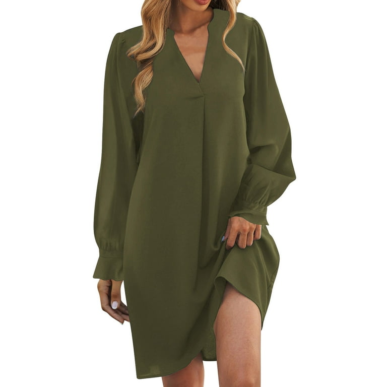 SGQSRQJ Cotton Sundress Women V Neck Ladies Dresses 2022 Elegant Clothing Sexy Ruffle Sleeve Solid Loose Casual Formal Dress For Women Ruffle Dress Green XL Walmart