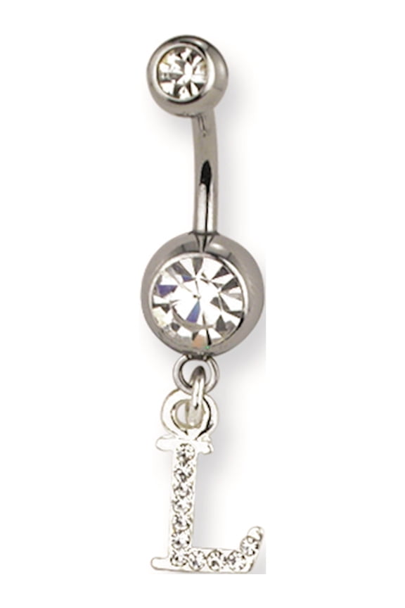 SGSS Curv BB w Gem Ball & Dangling Pave Letter 14G (1.6mm) 13/32 (11mm) Stainless Steel