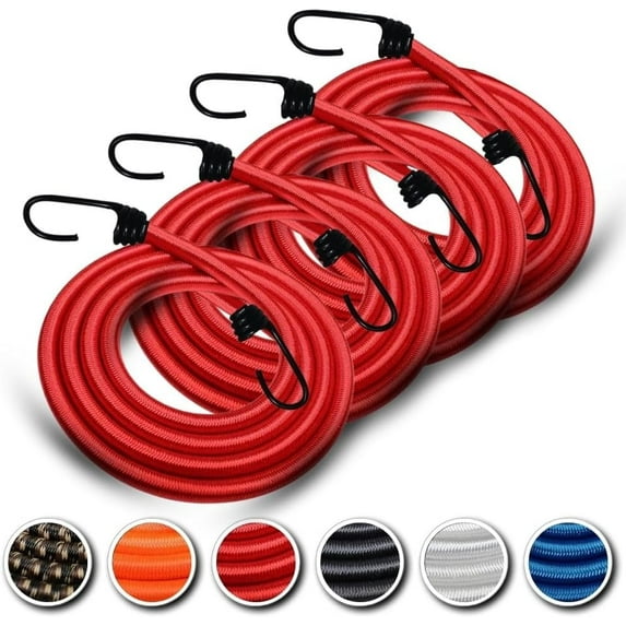SGT KNOTS Marine Grade Bungee Cord with Hooks - Heavy Duty, Dacron Polyester Elastic Straps for Camping, and Outdoor Use - Bungees for Tie Downs, & Cars (24 in - Red, 4Pack)