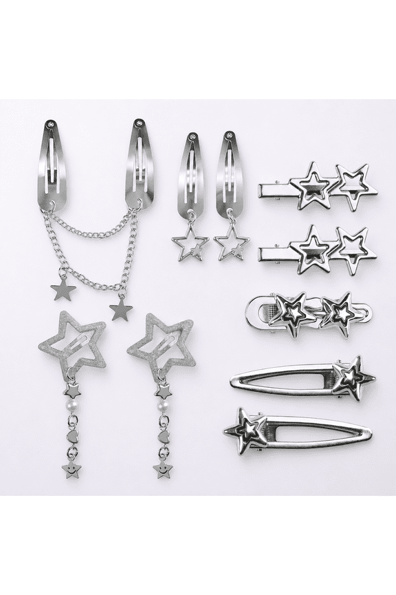 SH 10 Pcs Silver Hair Clips Metal Star Barrettes, 8 Shapes Hairpin Barrettes, Goth Hair Pins Set, Punk 2000s Hair Accessories for Women and Girls Styling Star Hairpin (10 PCS)