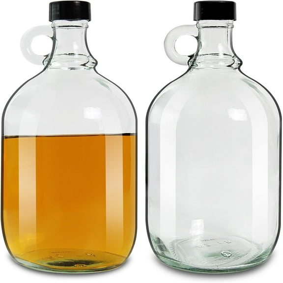 SH 2 Pack 64oz Glass Gallon Growlers with Handle and Black Plastic Lids,Half-Gallon,Gallon Glass Fermenting Jug,1/2 Gallon Water Jug for Kombucha,Home Brew,Vanilla Extract,Beer,Soda,Cider (Clear)